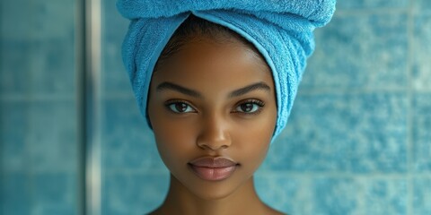 young woman with natural beauty in blue towel stands against a tiled background in a bathroom settin