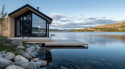 Aufkleber - Modern architecture of a glass house with a wooden deck by a serene lake surrounded by mountains : Generative AI