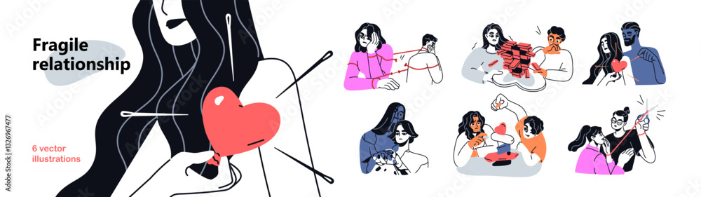 Fragile relationship concept set. Love problems in couple ...
