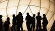 © Mrs.Pixel - Community Silhouettes With Contemplative Mood Gathering Inside Luminous Geometric Structure With Copy Space
