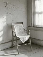 Aufkleber - Rustic wooden chair draped with a simple fabric in a softly lit aged room : Generative AI