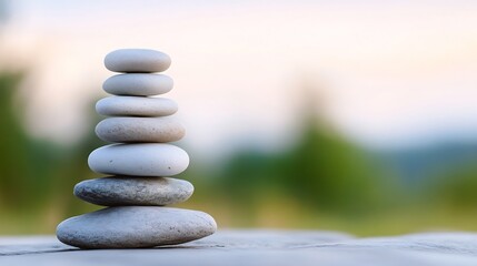 Fototapete - Zen stone stack representing tranquility and balance on a blurred natural background : Generative AI