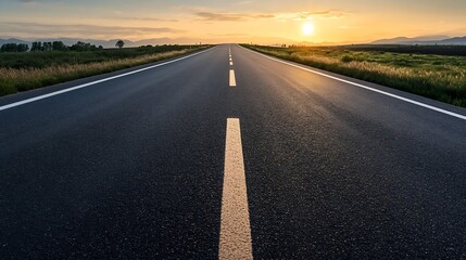 Aufkleber - An expansive asphalt road leading into the horizon at sunset with warm golden tones filling the sky : Generative AI