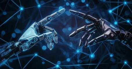 Aufkleber - Two robot hands reaching out, pointing towards each other on blue background