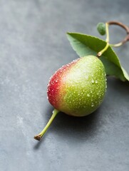 Poster - A close up of a fresh pear with droplets of water highlighting its vibrant colors and appealing surface on a gray background : Generative AI
