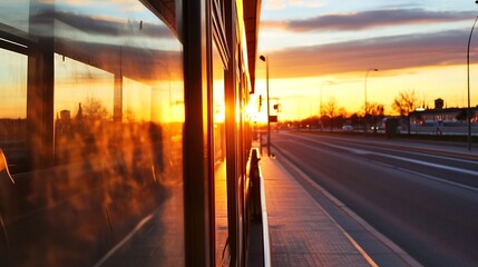 Fototapete - Golden sunset reflecting on public bus windows along an urban street : Generative AI