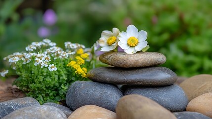 Poster - Beautifully arranged stones and flowers creating a peaceful layout in a garden or natural setting : Generative AI