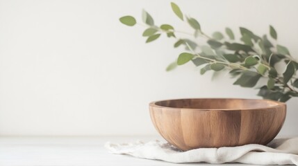 Aufkleber - Elegant wooden bowl placed on a clean table with minimalistic green foliage in soft sunlight : Generative AI