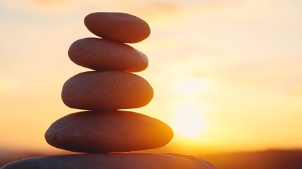Fototapete - Stacked Brown Stones Against a Beautiful Sunset Creating a Tranquil Silhouette : Generative AI
