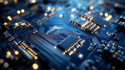 Fototapete - Intricate View of Complex Circuit Board with Glowing Lights and Modern Technology Elements : Generative AI