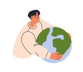 earth care, saving planet concept. human embracing globe. holding, hugging world for ecology protect