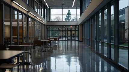 Poster - Contemporary Glass Windows Filling Modern Study Space with Bright Natural Light : Generative AI