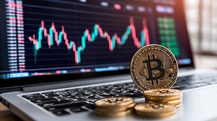 Fototapete - CloseUp of Bitcoin Coins with Stock Market Graphs Displayed on Laptop Screen Representing Cryptocurrency : Generative AI