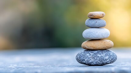 Fototapete - Balanced arrangement of smooth pebbles stacked artistically against a soft blurred outdoor backdrop : Generative AI