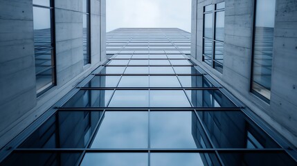 Aufkleber - Looking up at a modern skyscraper reflecting clouds in its glass windows in an urban setting : Generative AI