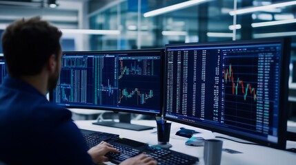 Poster - Focused professional analyzing data on multiple computer screens in modern office space : Generative AI