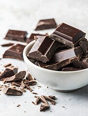 Aufkleber - Delicious dark chocolate pieces stacked in a bowl with shavings scattered around for a tempting dessert : Generative AI