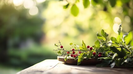 Poster - Charming Arrangement of Red Berries and Green Leaves Captured in Soft Natural Light Near Rustic Surface : Generative AI