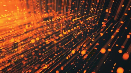 Abstract picture orange particle with digital technology style design with the coding data flow show dynamic movement represent about programming by programmer or problem solve by encryption. AIG53.
