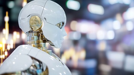 Fototapete - Close up view of an advanced robot head against a blurred background showcasing modern technology : Generative AI