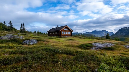 Aufkleber - Charming wooden cabin surrounded by lush greenery and dramatic mountain scenery : Generative AI