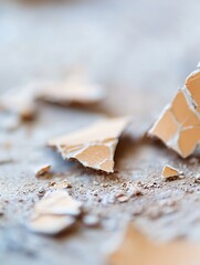 Poster - Close up of broken ceramic pieces scattered on a textured surface creating an artistic display : Generative AI