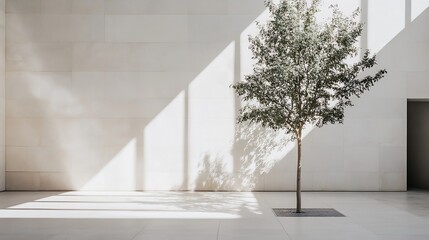 Leinwandbilder - Modern Interior showcasing a Solitary Tree Bathed in Bright Natural Light with Shadows : Generative AI