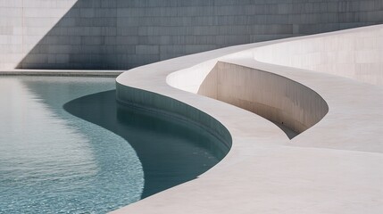 Poster - Modern architectural design featuring smooth curves and geometric shapes surrounding a pool : Generative AI
