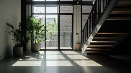 Poster - Modern interior design featuring bright open space with plants and large windows : Generative AI