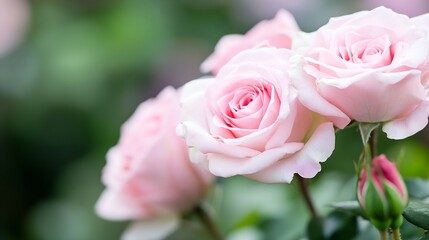 Poster - Beautiful bouquet of soft pink roses in full bloom surrounded by lush greenery and gentle colors : Generative AI