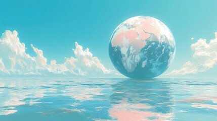 earth floats on calm ocean, serene sky; environmental concept