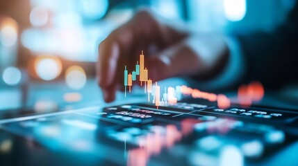 Aufkleber - Hands interacting with futuristic touchscreen displaying stock market data and financial graphs showcasing investment analysis : Generative AI