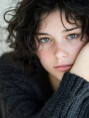 Poster - Intimate Portrait of a Young Woman with Curly Hair Lost in Thought : Generative AI