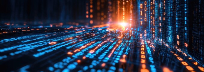 Glowing Data Streams and Code Lines Forming a Long Road Leading to the Horizon, Symbolizing Future Technological Progress with Blue Light and Orange Highlights