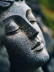 Poster - Peaceful closeup of an elegant stone sculpture face surrounded by natural greenery and gentle light : Generative AI