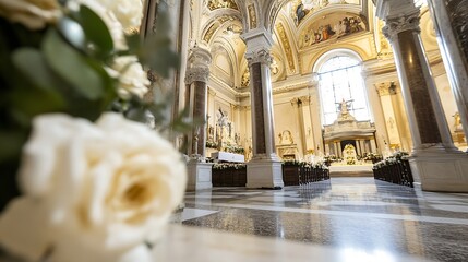 Fototapete - Stunning interior of a grand cathedral adorned with flowers offering a tranquil atmosphere : Generative AI