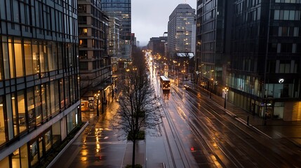 Aufkleber - Rainy Evening Cityscape with Reflections on Wet Streets in Urban Environment : Generative AI