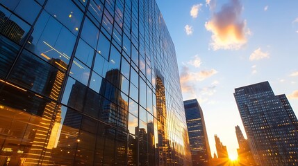 Fototapete - Stunning sunset reflection on modern skyscrapers with vibrant clouds and warm sunlight : Generative AI