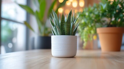 Poster - Stylish potted succulent plant on a wooden table surrounded by greenery in a cozy indoor setting : Generative AI