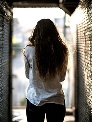 Aufkleber - A woman with long hair standing in a narrow passageway with light streaming in creating a silhouette effect : Generative AI
