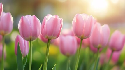 Fototapete - Vibrant Spring Garden Filled with Beautiful Pink Tulips Reaching for the Sun : Generative AI