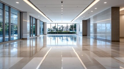 Aufkleber - Modern spacious indoor space featuring sleek marble floors and large windows with natural light streaming : Generative AI