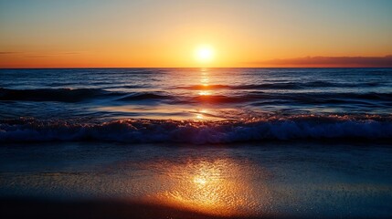 Poster - Stunning beach sunset with vivid colors reflecting on the water creating a tranquil scene : Generative AI