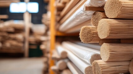 Poster - Wooden Planks and Logs Stacked Neatly in a Timber Warehouse with Bright Interior Lighting : Generative AI