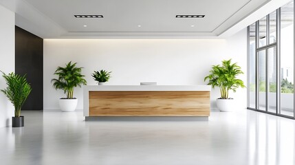 Poster - Modern and Sleek Reception Area with Natural Light and Green Plants for a Welcoming Atmosphere : Generative AI