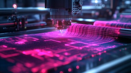 Futuristic machine prints glowing circuit board design onto a flexible surface.