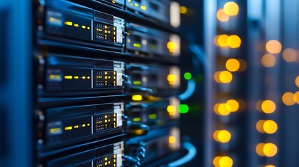 Fototapete - Hightech server equipment illuminated with bright lights in a modern data center environment : Generative AI