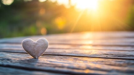 Aufkleber - Heart Shaped Stone on Wooden Table Bathed in Warm Sunrise Light near Nature : Generative AI