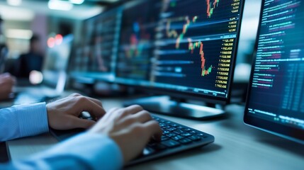 Leinwandbilder - Closeup of a professional working on multiple computer screens displaying financial data and charts : Generative AI