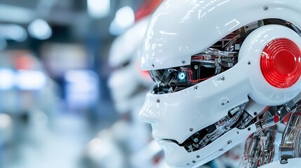 Poster - Futuristic humanoid robot head showcasing advanced artificial intelligence technology in a bright laboratory setting : Generative AI